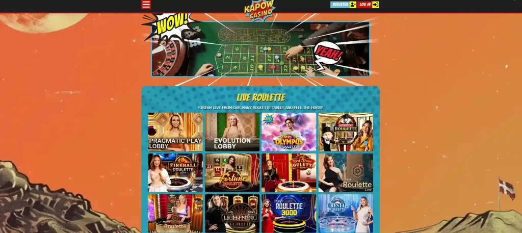 Kapow Live Casino lobby med aktuelle roulette- og blackjackborde