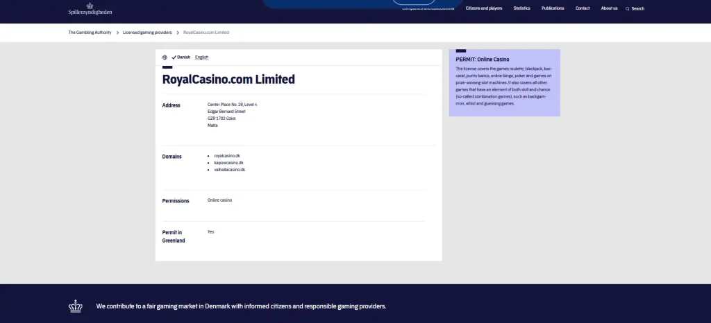 Spillemyndighedens registerpost for RoyalCasino.com Limited med kapowcasino.dk